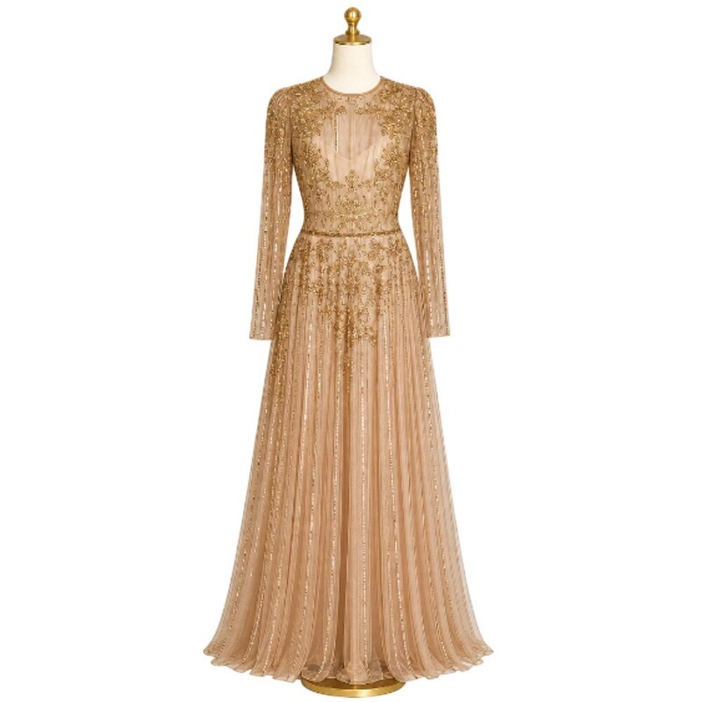 💫 NWT Mac Duggal Beaded Illusion Puff Sleeve Gown - Nude Gold Size 16